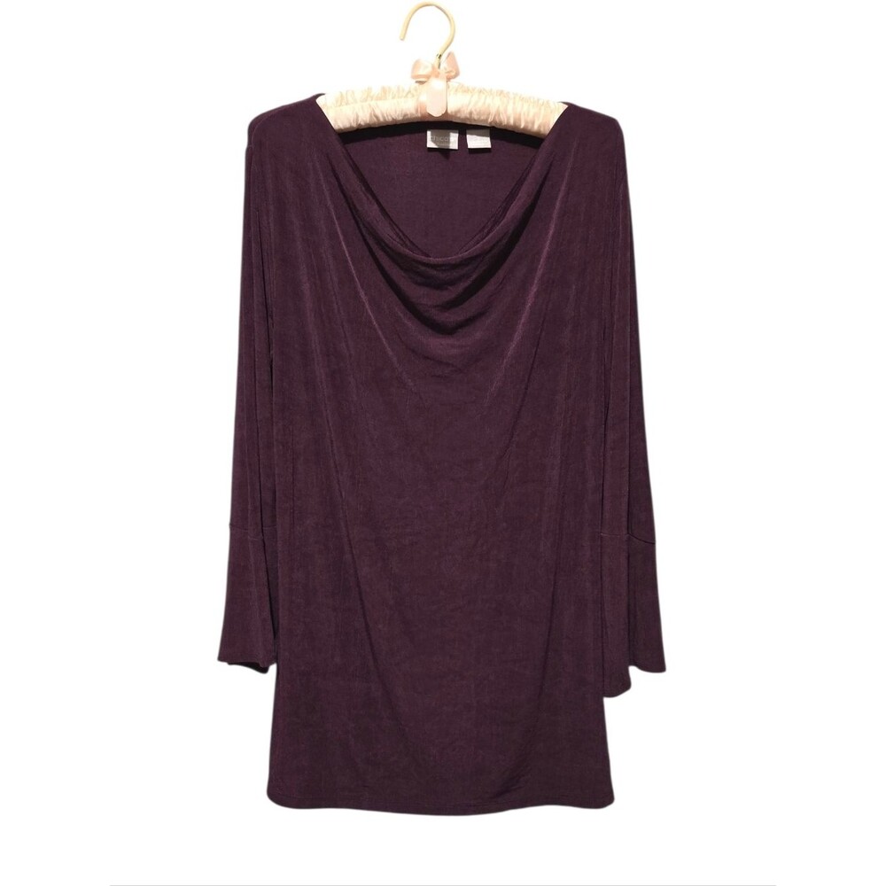 Chico's Travelers Deep Plum 3/4 Bell Sleeve Draped Cowl Neck Tunic Top Size 8/10